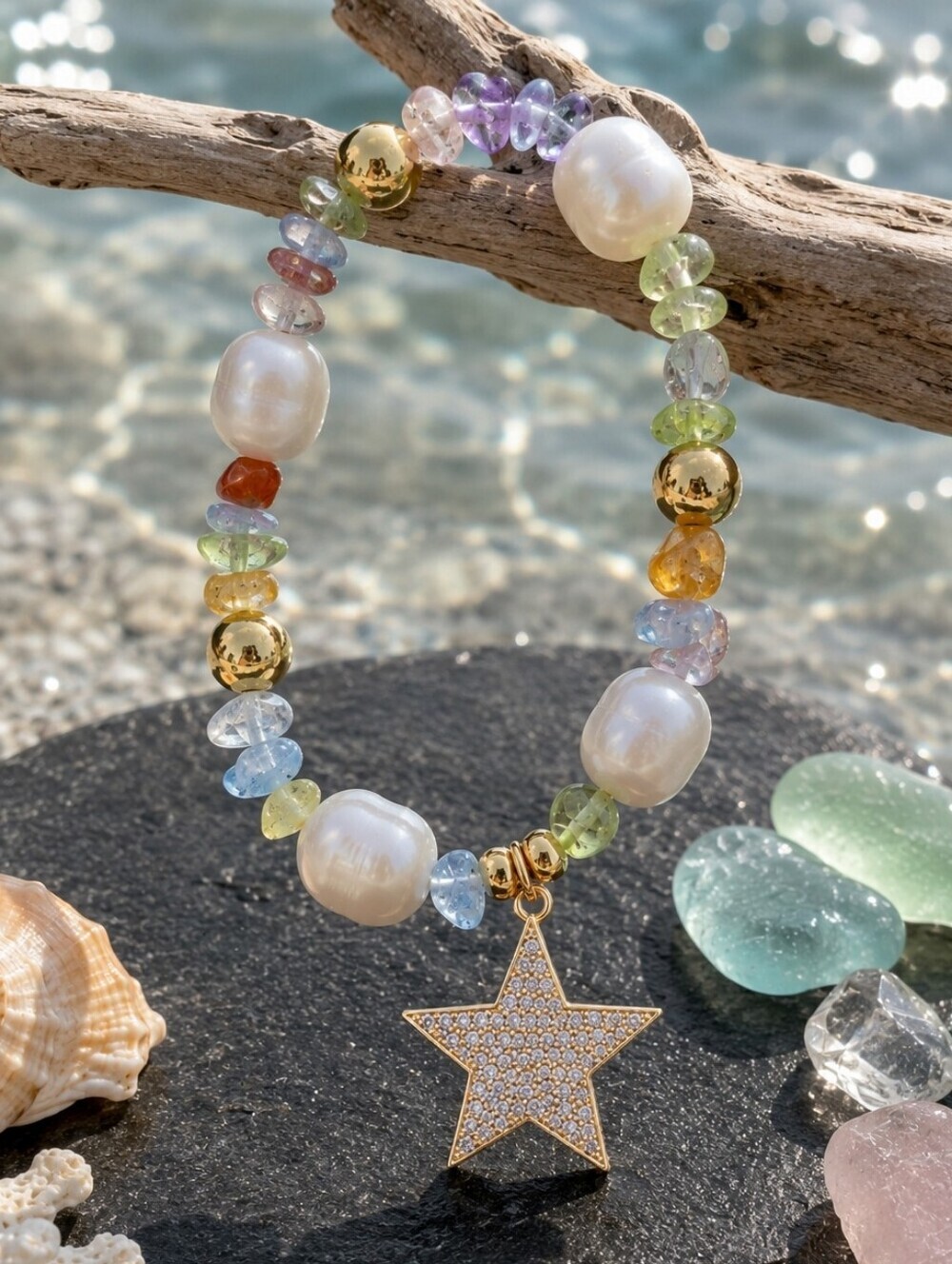 Faux Pearl Pastel Beaded Bracelet Coastal Gold Star Charm Stretchy Coconut Girl